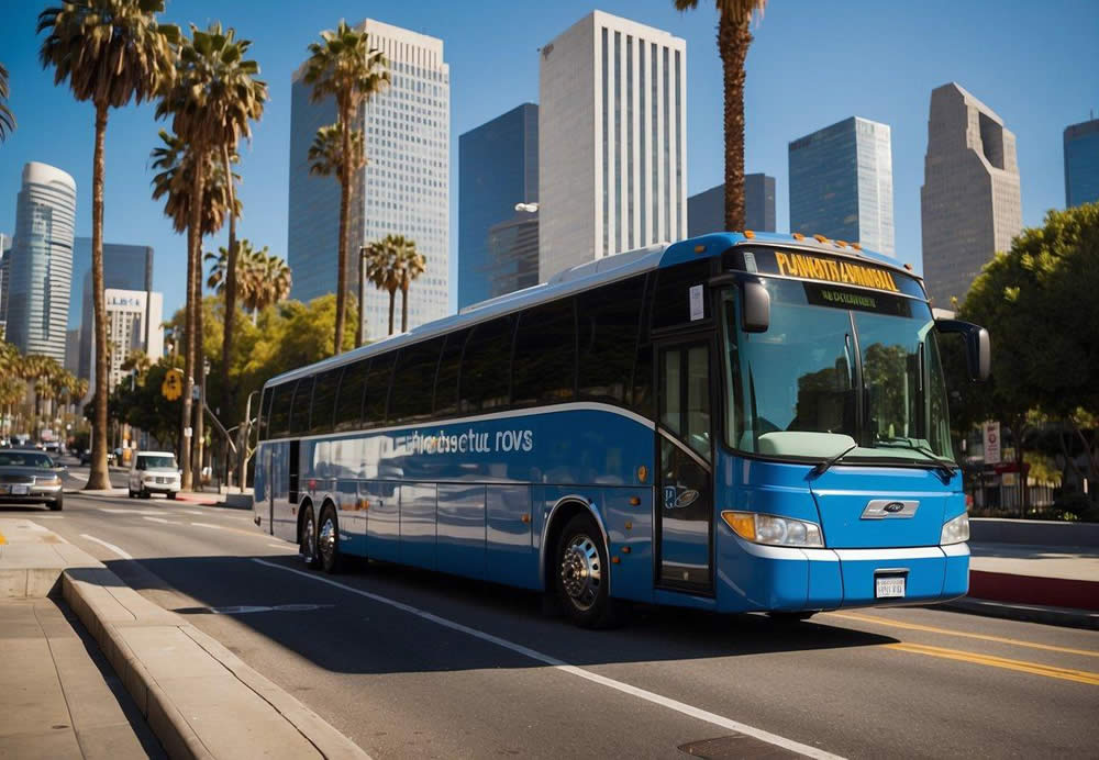 A sleek charter bus navigates through the bustling streets of Los Angeles, passing iconic landmarks and skyscrapers, as it transports corporate professionals to their destination