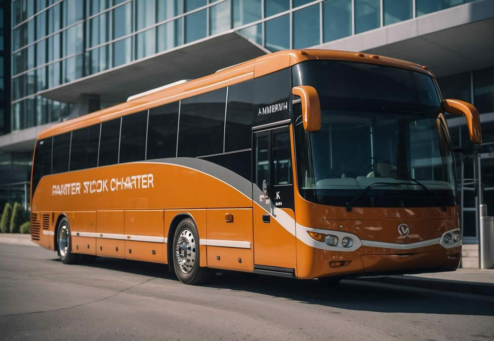 A charter bus parked outside a modern office building, with employees boarding and a professional driver standing by