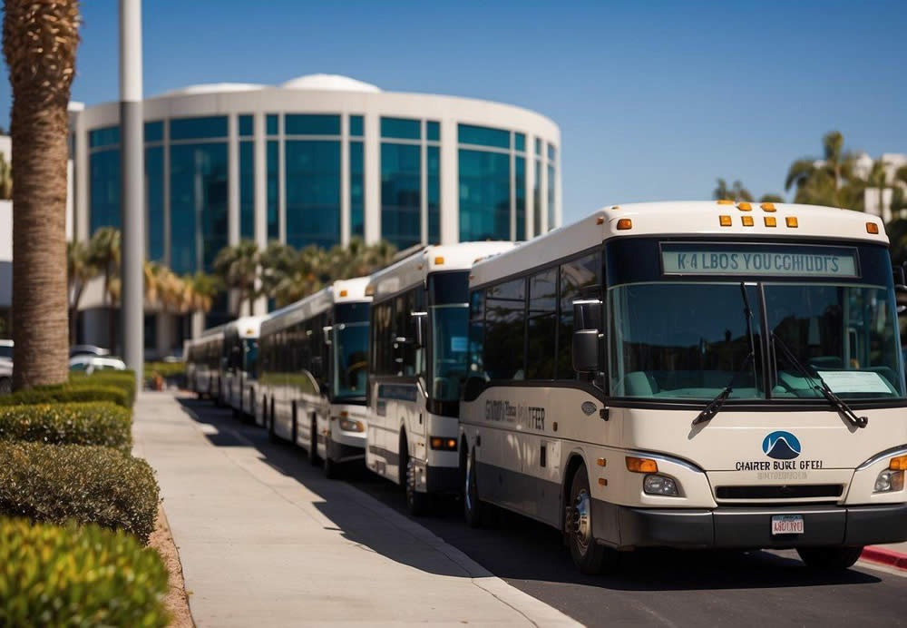 A group of charter buses parked outside a corporate office building in Los Angeles, with a company logo prominently displayed on the side of each bus