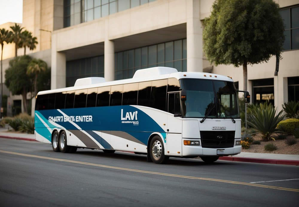 A charter bus pulls up to a modern corporate office in Los Angeles, ready to transport employees to a corporate event. The bus is sleek and professional, with the company logo displayed prominently on the side