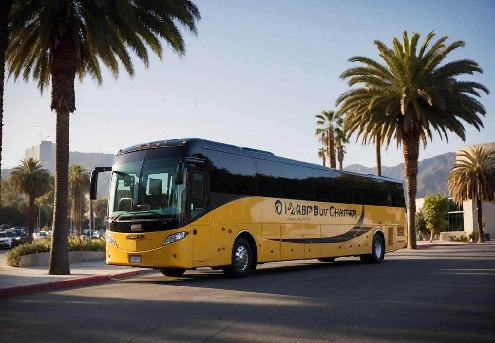 A sleek, modern charter bus pulls up to a corporate office in Los Angeles, ready to transport employees in luxury and comfort