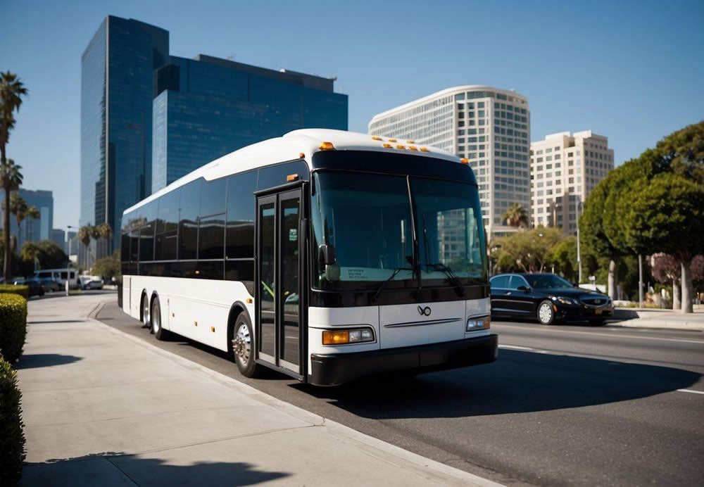 A sleek charter bus parked in front of a modern office building in Los Angeles, with the city skyline in the background