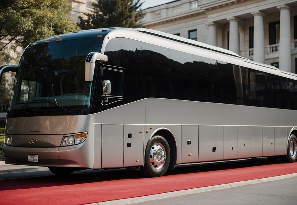 A bus is standing on a red carpet in front of a classical building.