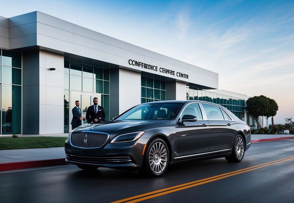 A luxury sedan with a chauffeur pulls up to a modern conference center in Los Angeles. The building features sleek architecture and a prominent sign for corporate events