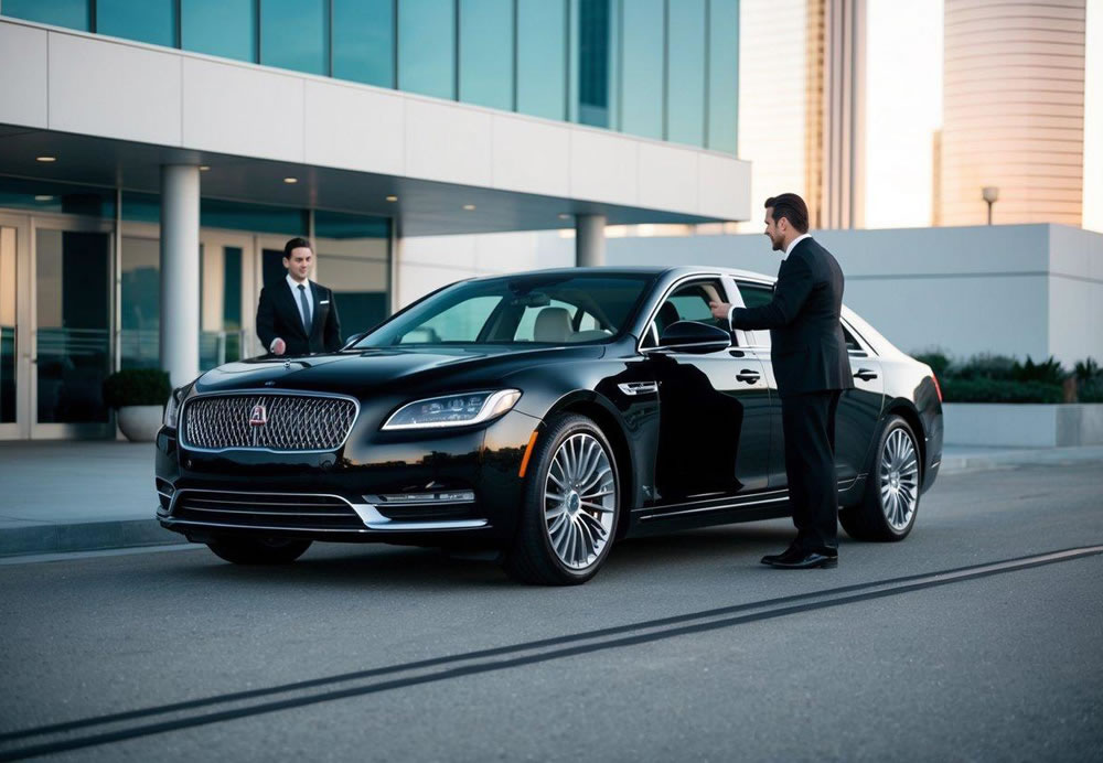 A sleek black luxury sedan pulling up to a modern conference center in downtown Los Angeles. A professional chauffeur opens the door for a corporate executive