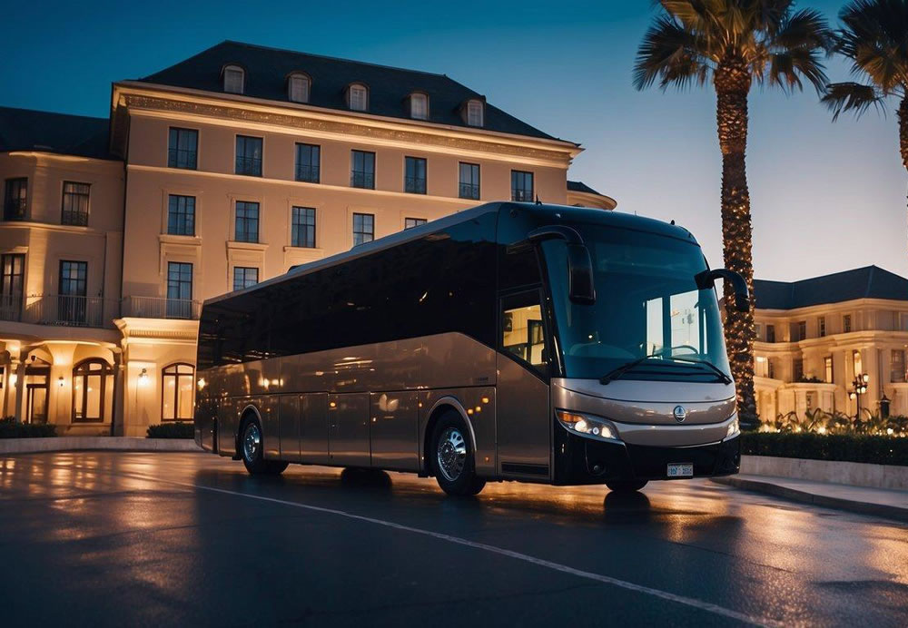 A bus is standing in front of a building surrounded by two palm trees.