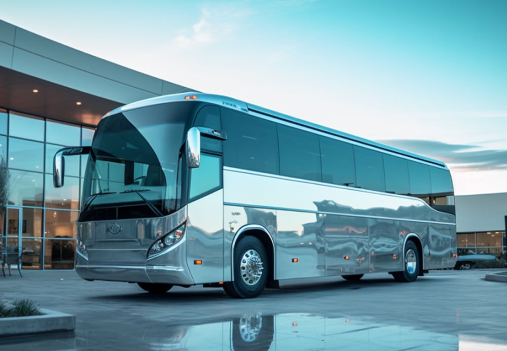 A bus is standing in front of a modern building