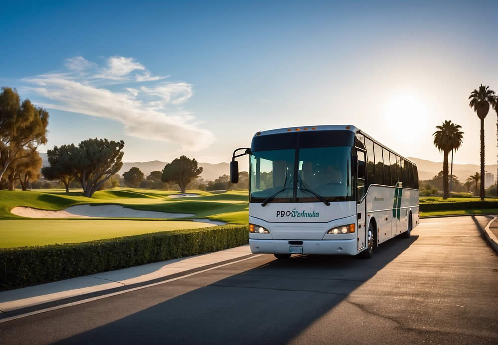 A charter bus parked outside a golf course in Los Angeles, with golf clubs loaded in the storage compartment. The bus is branded with the logos of the top 3 rental companies