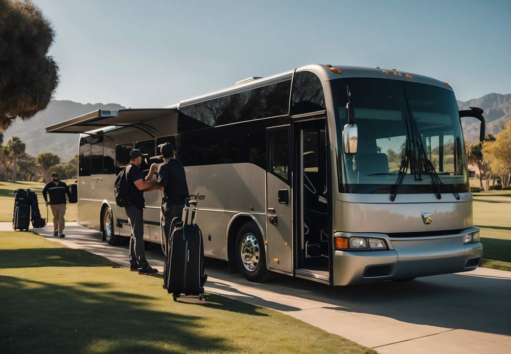 A charter bus parked outside a golf course in LA, with golf bags and equipment being loaded onto the bus by staff members