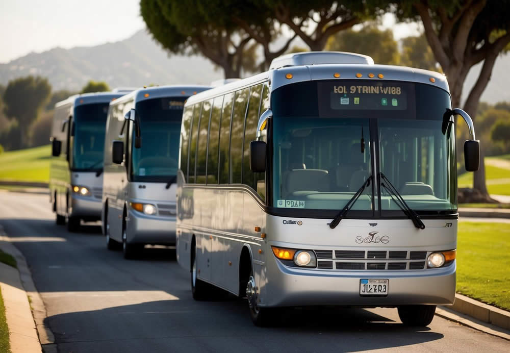 Three charter buses parked in front of a golf course in Los Angeles. Each bus displays the logo of a top charter bus company