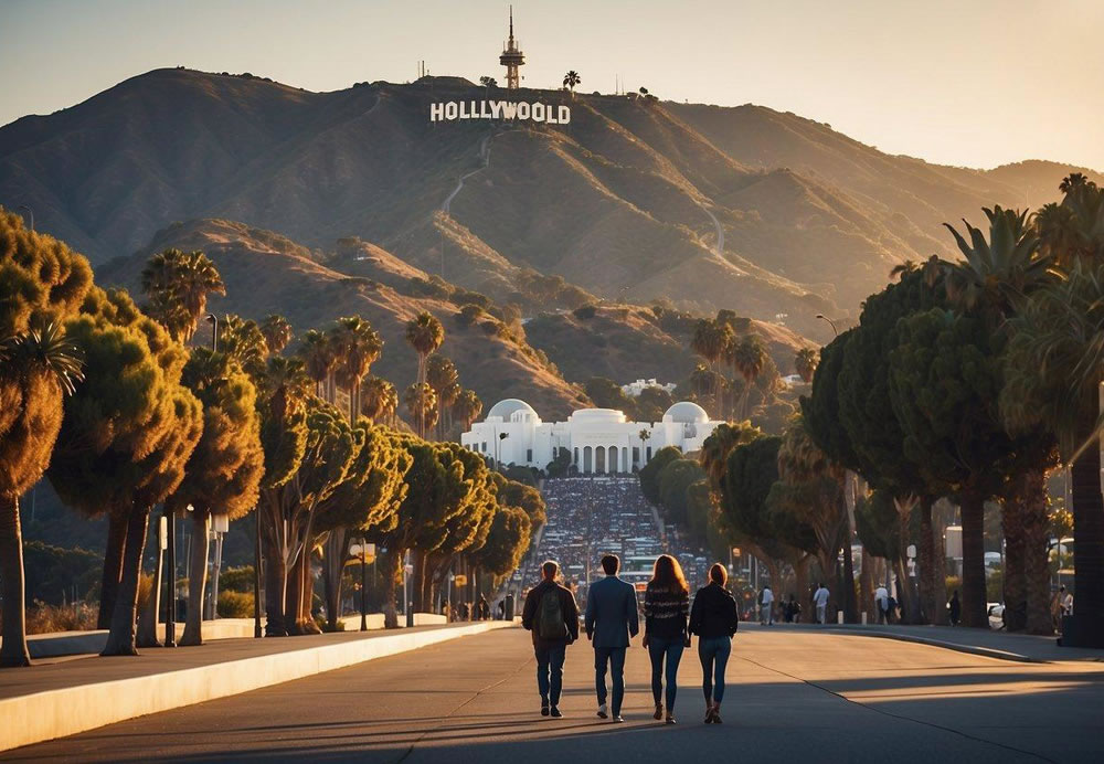 A group of people enjoying iconic landmarks like the Hollywood Sign, Santa Monica Pier, and Griffith Observatory in Los Angeles. Vibrant cityscape in the background