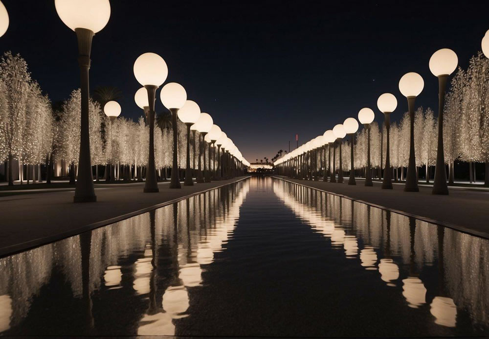 The iconic Urban Light installation at LACMA, with its 202 restored street lamps, illuminates the museum's entrance at night