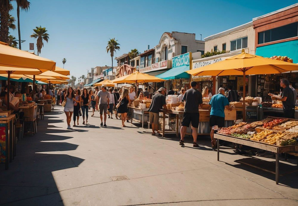 Colorful shops line the bustling Venice Beach Boardwalk. Street performers entertain crowds as they stroll past food vendors and iconic street art