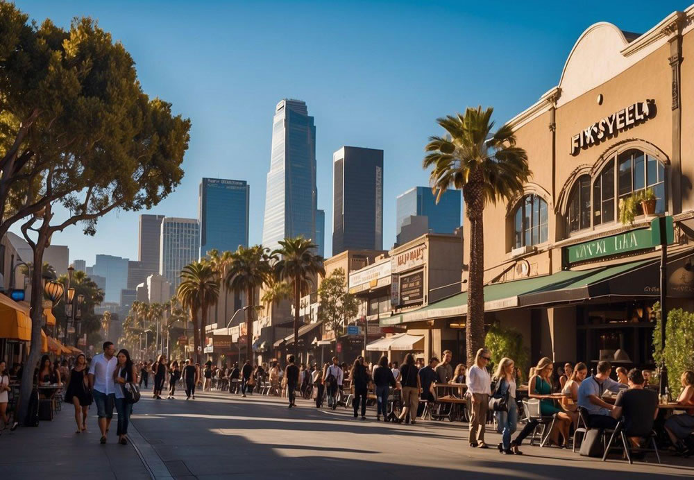 A bustling cityscape with iconic landmarks, diverse restaurants, and vibrant entertainment venues. A large group enjoys dining, sightseeing, and engaging in various activities in Los Angeles