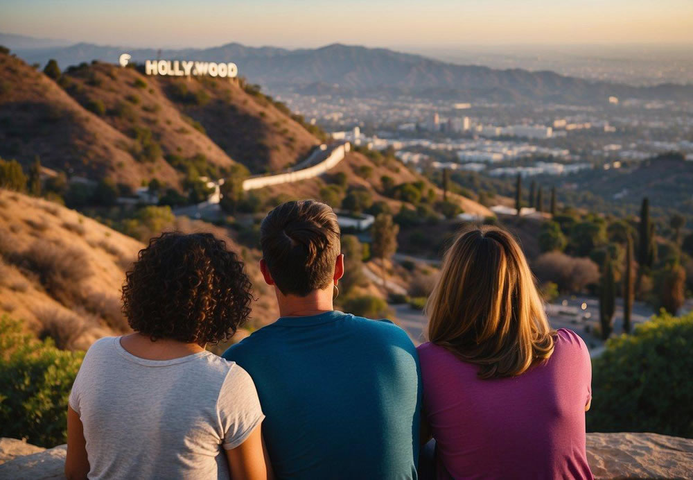 A group of people enjoying iconic landmarks like the Hollywood Sign, Griffith Observatory, and Universal Studios in Los Angeles. Vibrant city skyline in the background