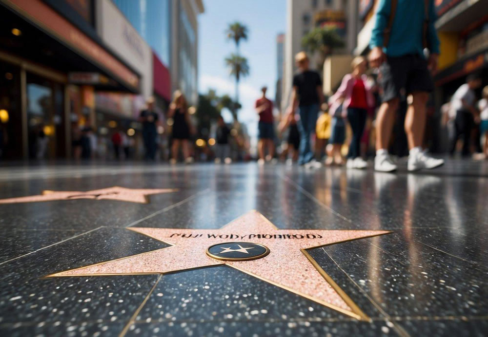 The Hollywood Walk of Fame bustles with tourists, as iconic stars' names line the sidewalk. Brightly lit theaters and bustling shops surround the area