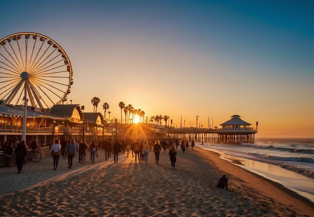 The sun sets over Santa Monica Pier, casting a warm glow on the iconic Ferris wheel and bustling boardwalk filled with shops and restaurants. Waves crash against the pier's pilings as visitors enjoy the lively atmosphere