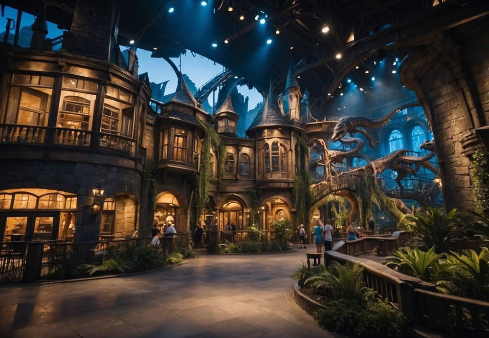 A bustling theme park with iconic movie sets, thrilling rides, and live entertainment. Visitors explore Harry Potter's world, brave the Jurassic World ride, and enjoy the Studio Tour