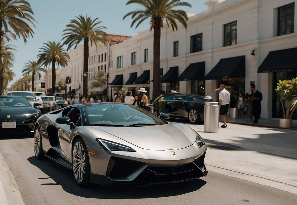 Luxury shops line Rodeo Drive, with palm trees and high-end cars in the background. Tourists and locals mingle, browsing and taking in the glamorous atmosphere