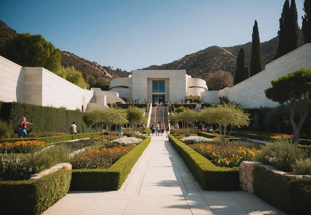 The Getty Center: A group exploring gardens, art, and architecture with stunning city views. Touring exhibits, dining, and enjoying outdoor spaces