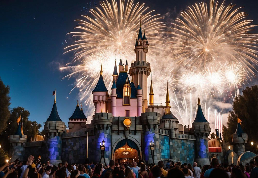 Colorful Disneyland Resort with iconic castle, thrilling rides, parades, and fireworks. Families and friends enjoying attractions, shows, and characters. Vibrant and lively atmosphere