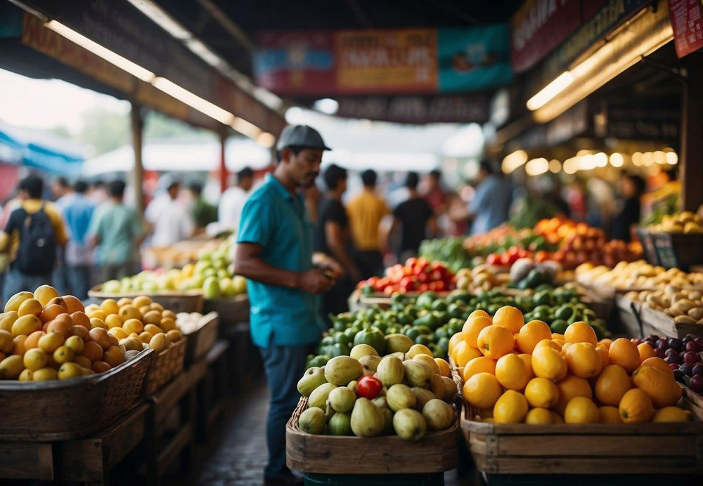 Colorful stalls line the bustling market, offering fresh produce, artisanal goods, and mouthwatering street food. A lively atmosphere fills the air as groups explore the vibrant scene