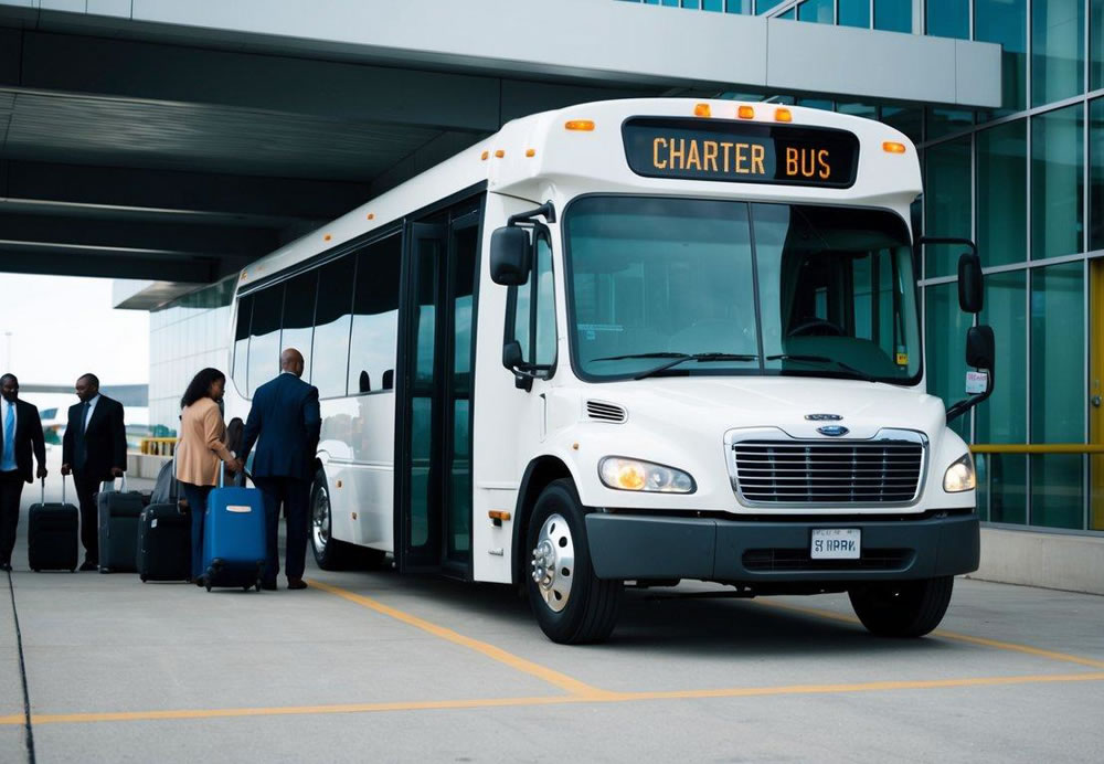 A charter bus parked outside an airport terminal, with passengers boarding and luggage being loaded onto the bus