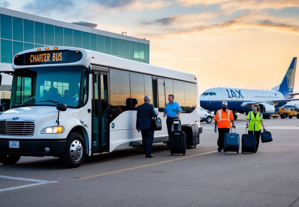 A charter bus parked outside LAX airport terminal, passengers boarding with luggage, airport staff directing traffic