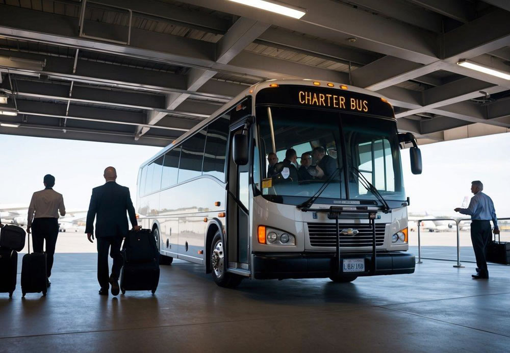 A charter bus parked outside LAX terminal with passengers boarding and luggage being loaded