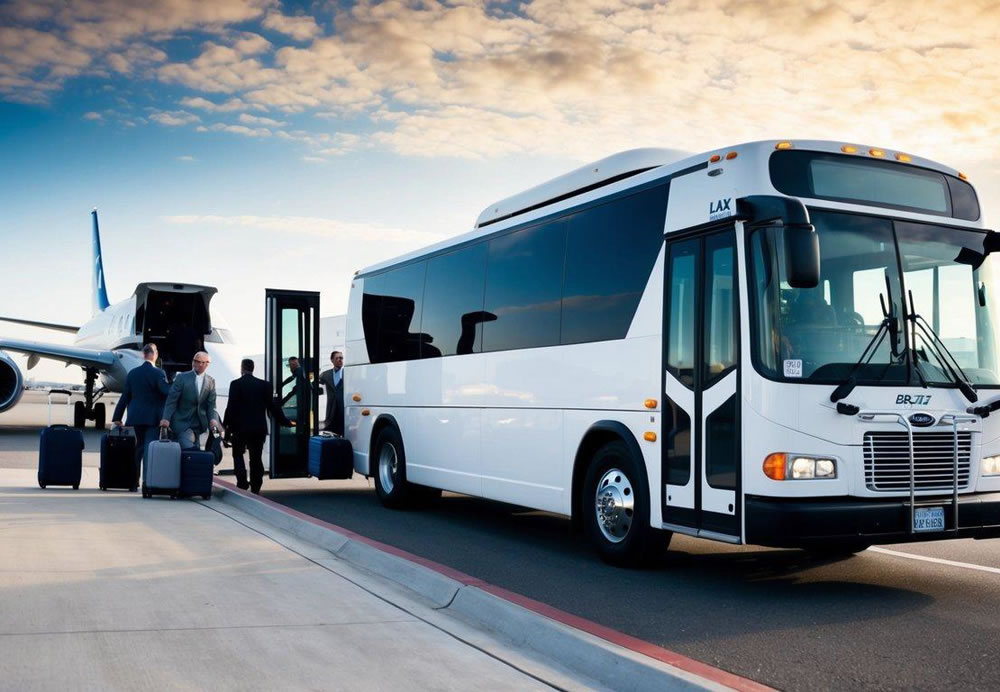 A charter bus pulls up to the curb at LAX, with passengers boarding and luggage being loaded into the compartments underneath