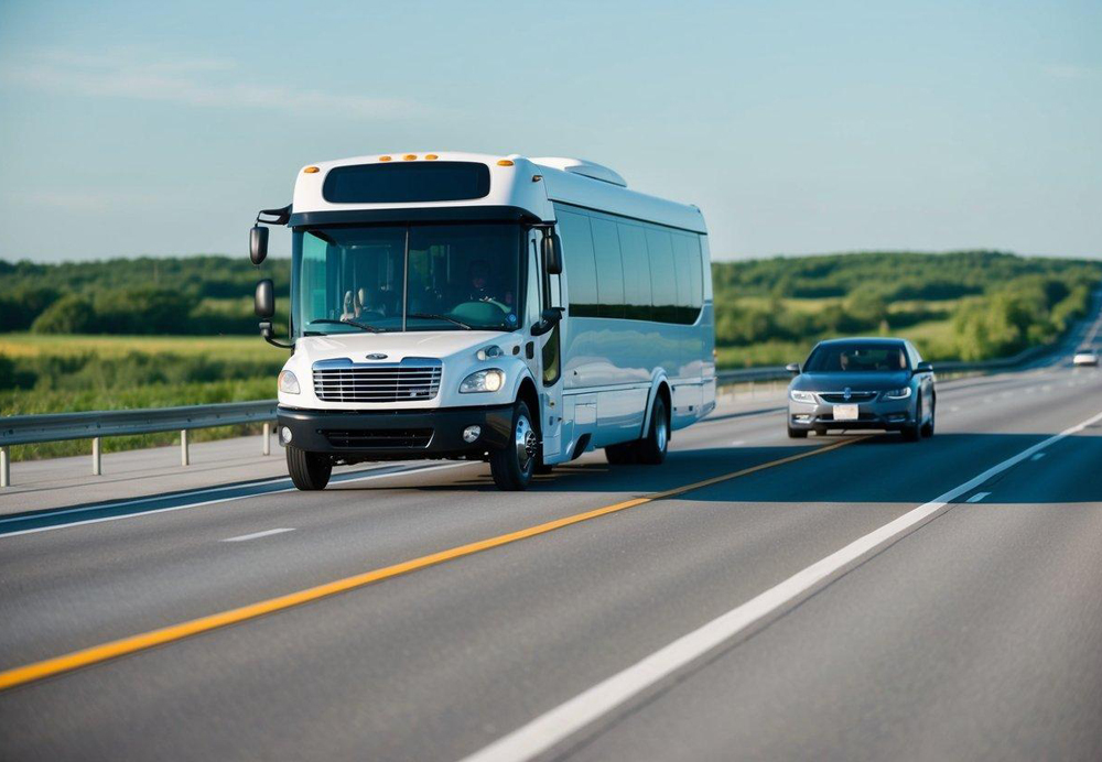 A charter bus and a car driving on a highway, with a clear sky and green landscape in the background