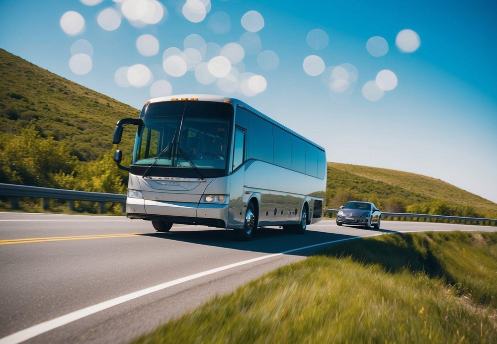 A charter bus navigating a winding road while passing by a car on a sunny day