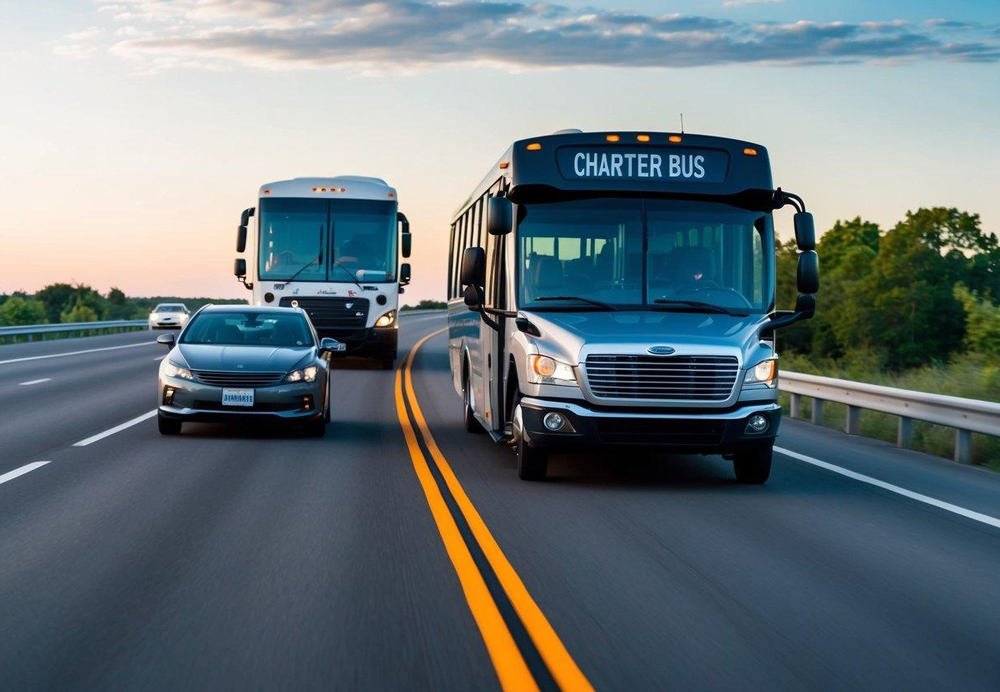 A charter bus and a car driving on a highway, with the bus maintaining a safe distance and both vehicles following traffic laws